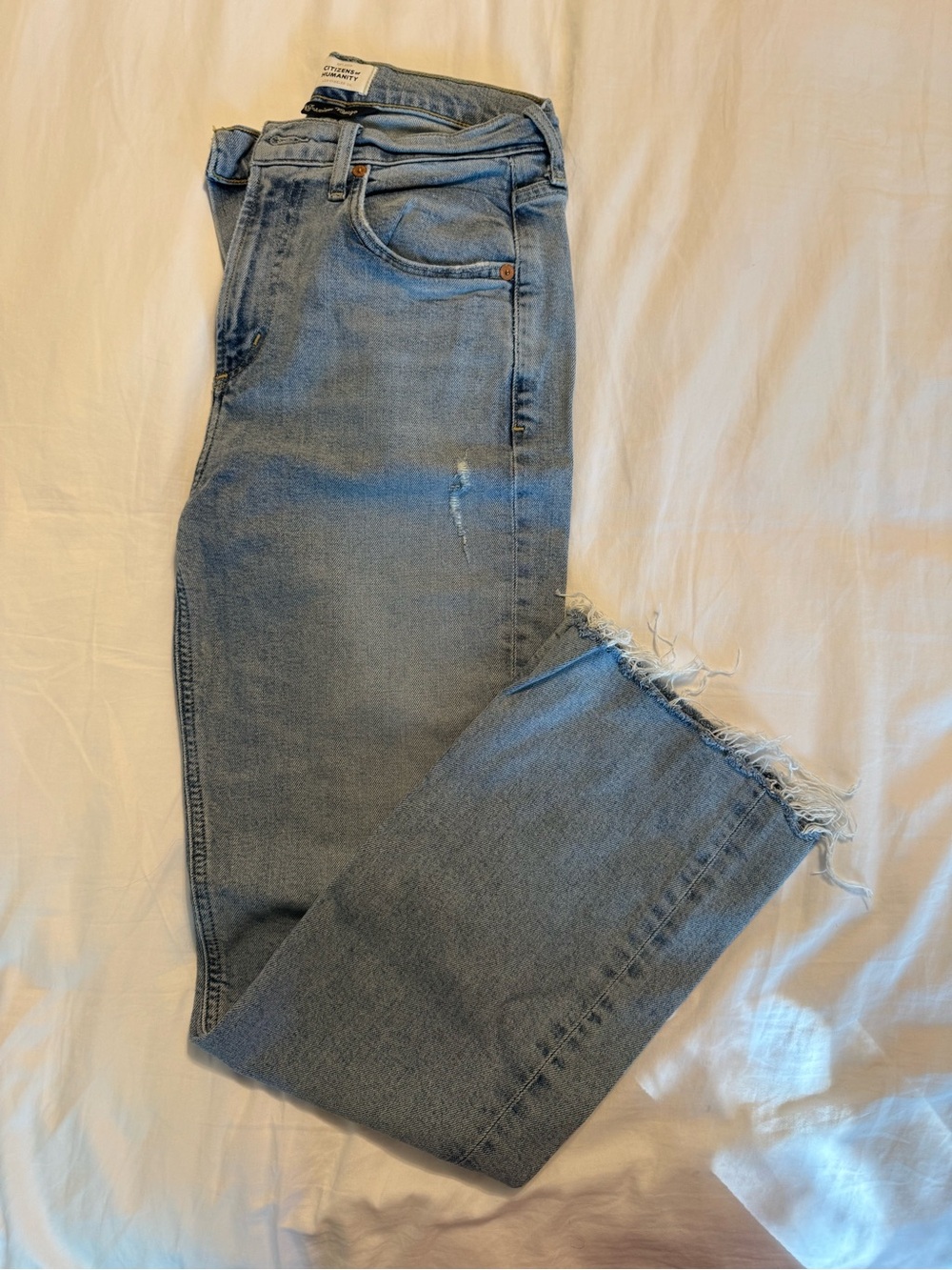 Citizens Of Humanity Light Blue High-Rise Straight Jeans with Frayed Hem
